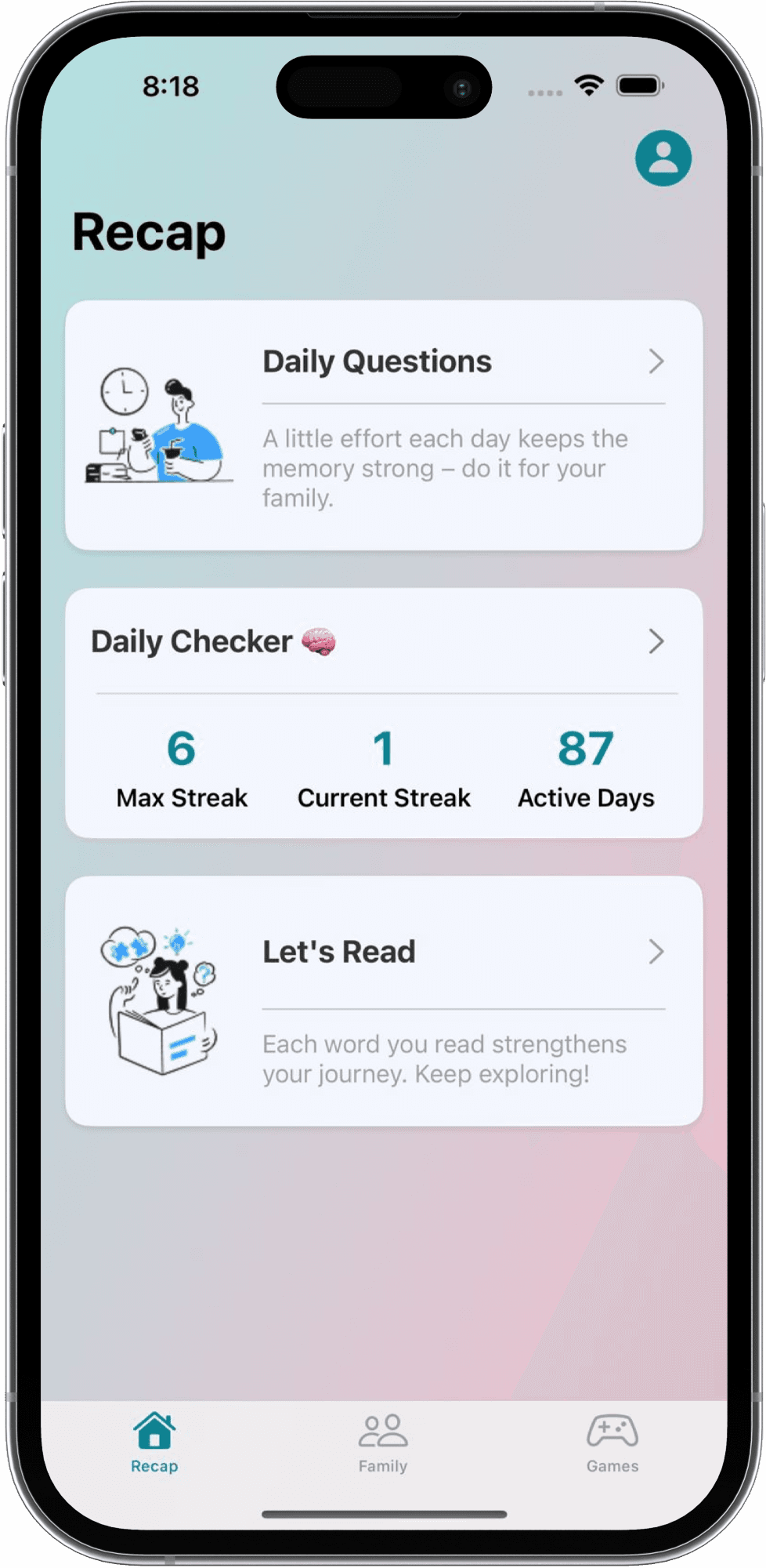 Recap app interface showing memory assistance features